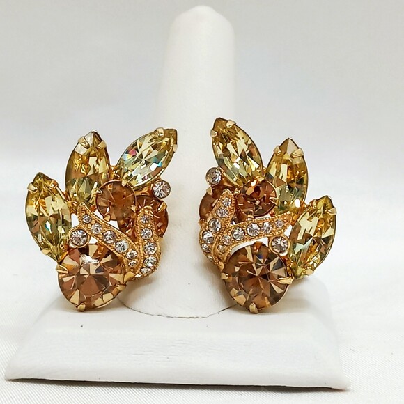 Eisenberg Ice Dazzling Earrings Champagne and Citrine Crystal Rhinestone Clip On - Picture 1 of 5